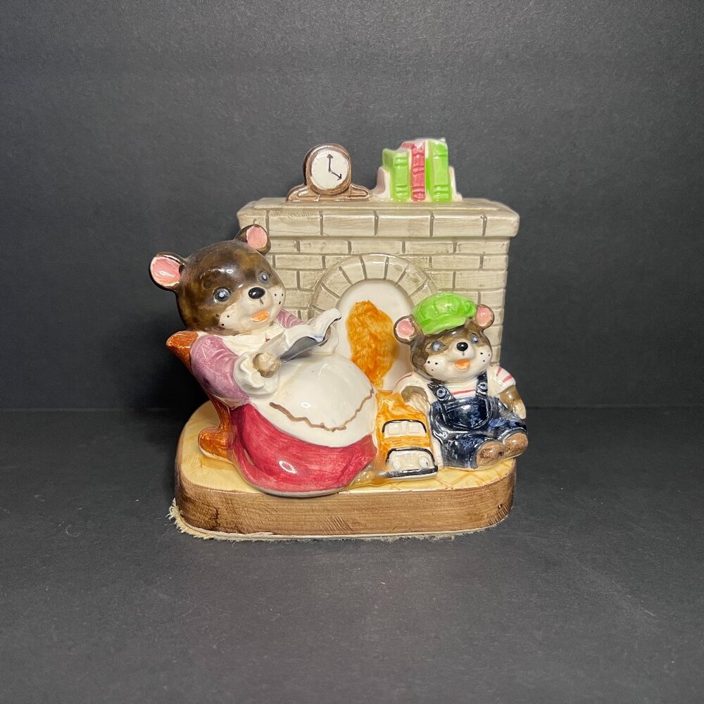Vintage Sankyo Musical Ceramic Mother & Son Teddy Bears by a Fireplace Music Box